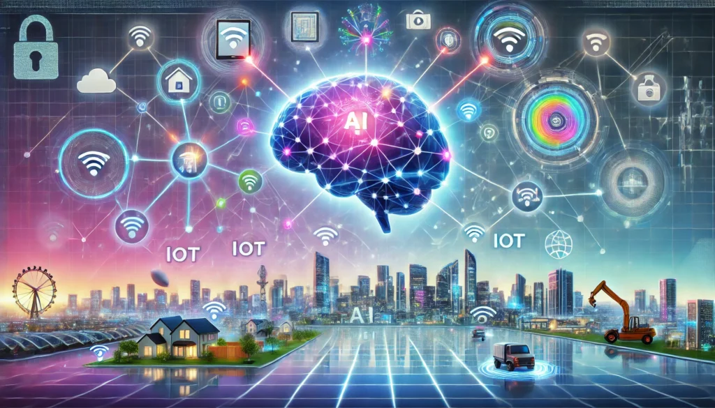 Futuristic illustration showcasing AI and IoT integration, featuring a glowing 3D brain symbolizing artificial intelligence connected to smart devices like homes, wearables, industrial machines, and vehicles via neural-like pathways. The background includes a smart city skyline with holographic data interfaces and a global network grid in sleek blue, purple, and white tones